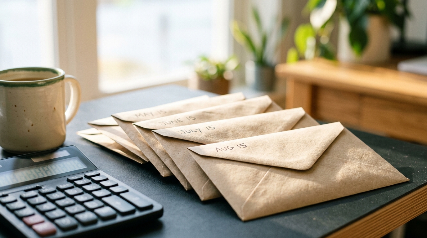 Calculator, coffee mug, and fanned brown envelopes labeled May 15, June 15, July 15, August 15.