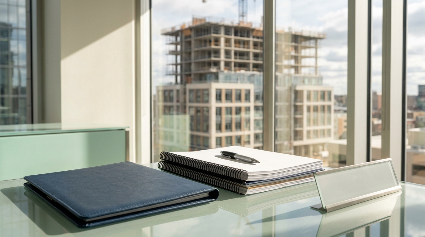 Blue binder, spiral notebooks with a pen, and a blank nameplate on a glass desk. City buildings outside.