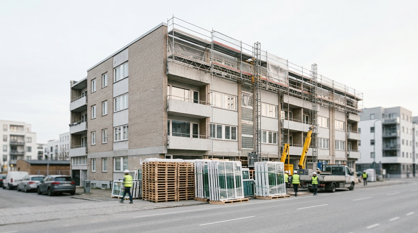 Multi-story apartment building under renovation with scaffolding, construction workers, and pallets of new windows.