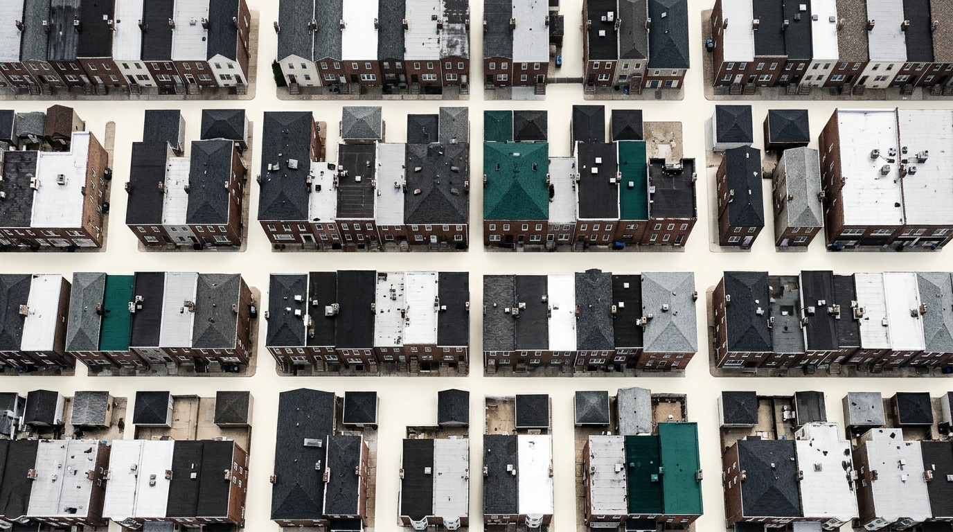 Aerial view of rows of attached houses with various dark, white, and green roofs.