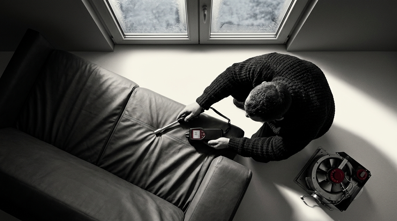 Person measures a dark sofa with a probe device near a frosty window and floor fan.