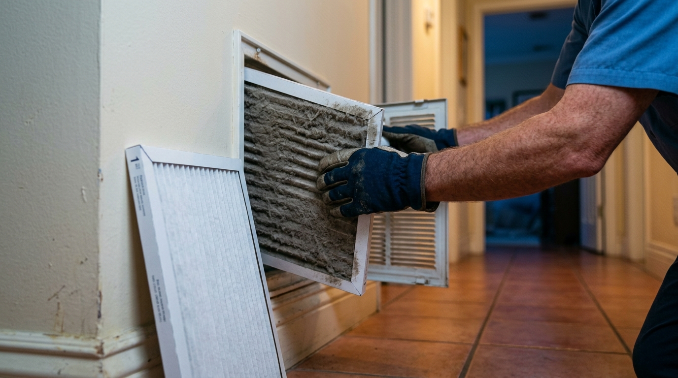 Gloved hands remove a very dirty air filter from a wall vent, with a clean new filter nearby.
