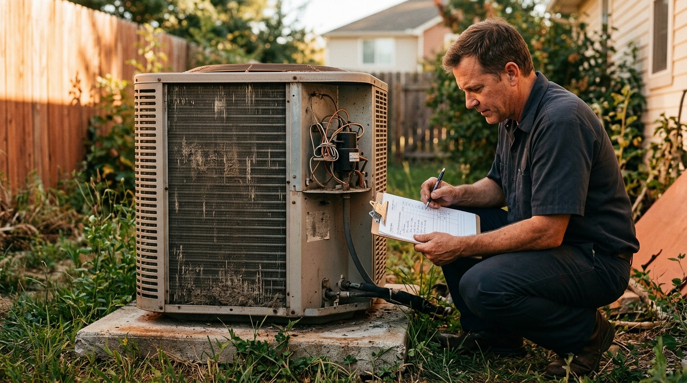 Man crouches next to a dirty outdoor AC unit, writing on a clipboard.