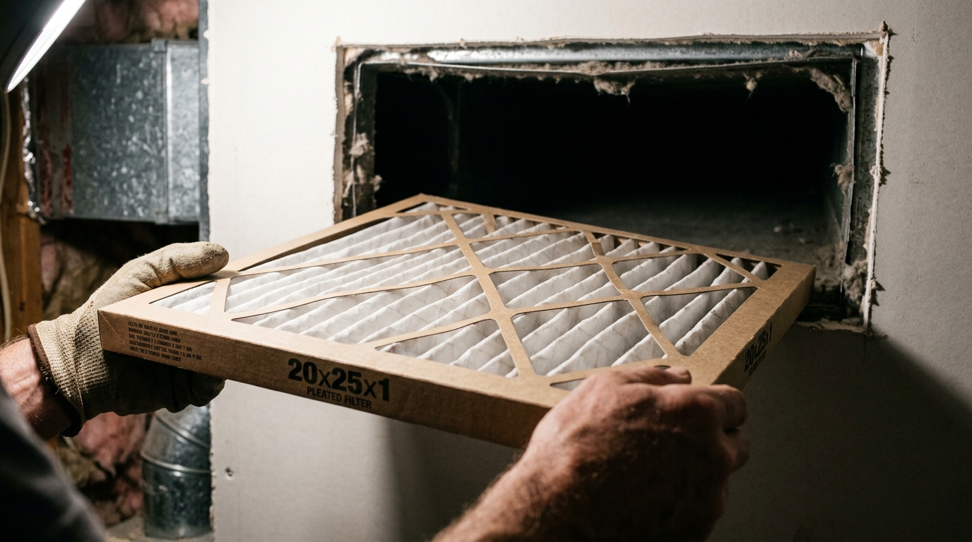 Gloved hands insert a new 20x25x1 pleated air filter into a dirty HVAC vent opening.