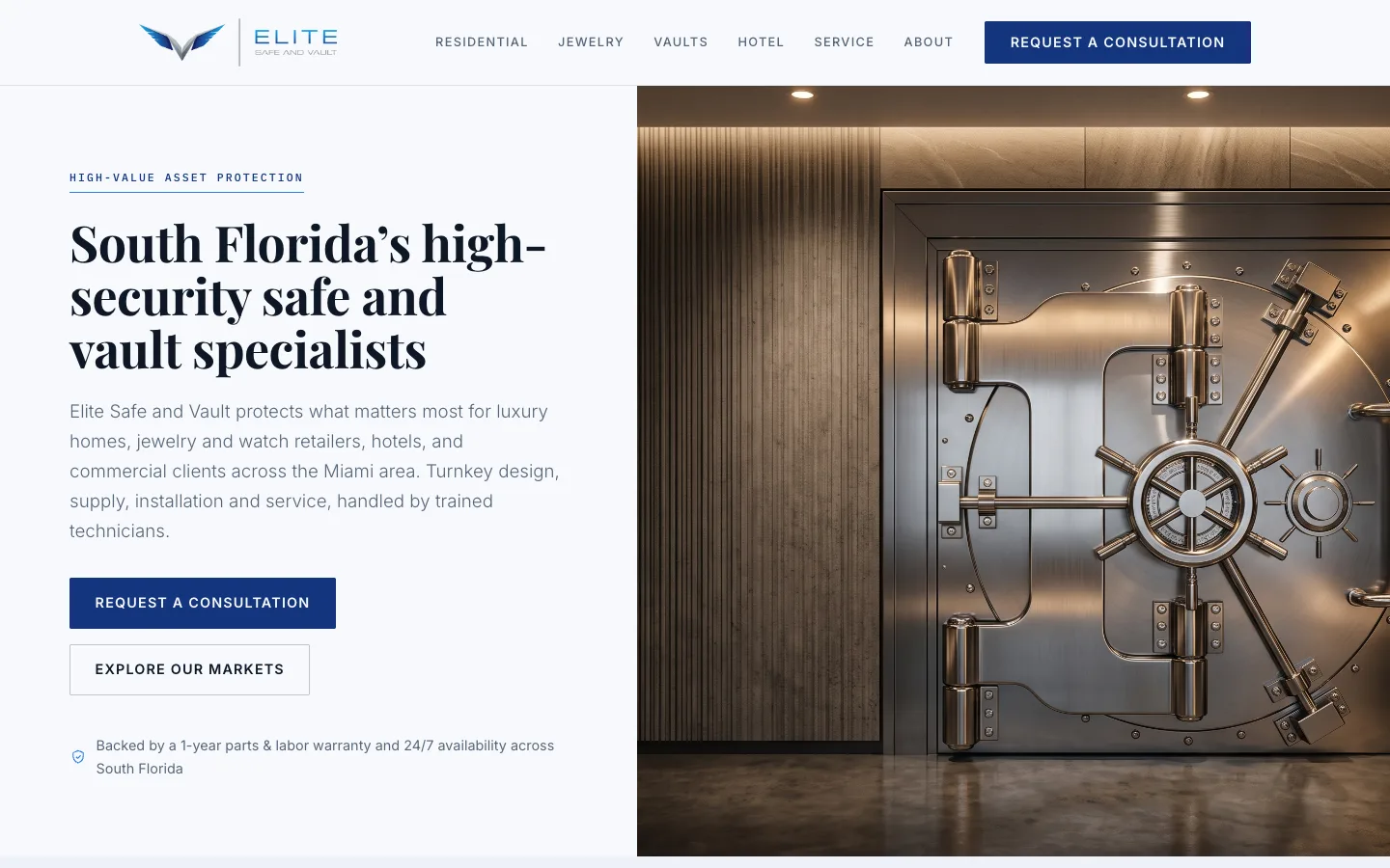 Elite Safe & Vault website, built and launched on WorkspaceCMS