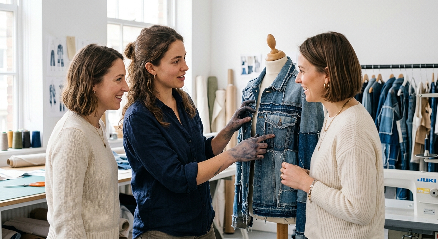 Designers examining a garment in an atelier