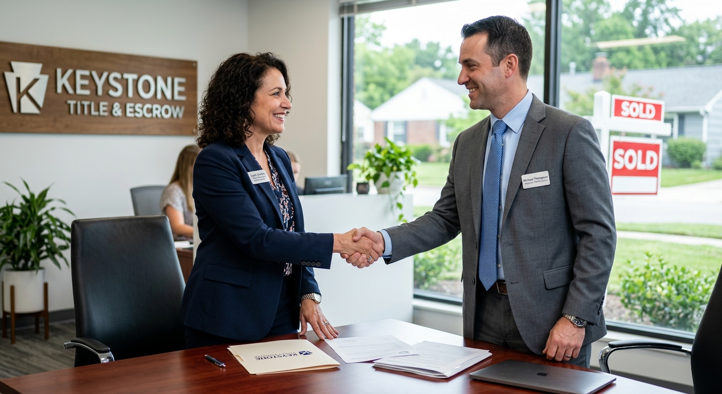 A Keystone escrow officer shaking hands with a real estate agent