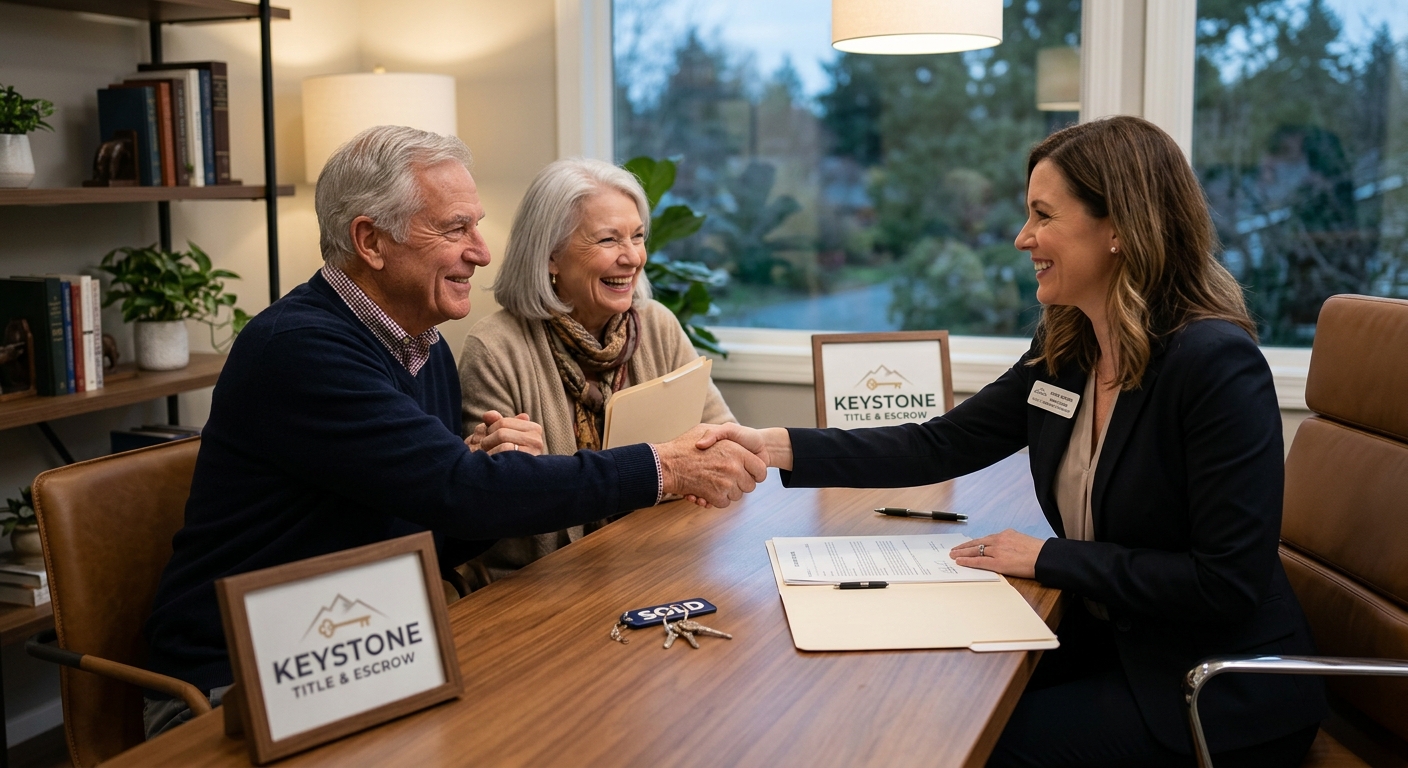 A couple signing at the closing table with a Keystone escrow officer