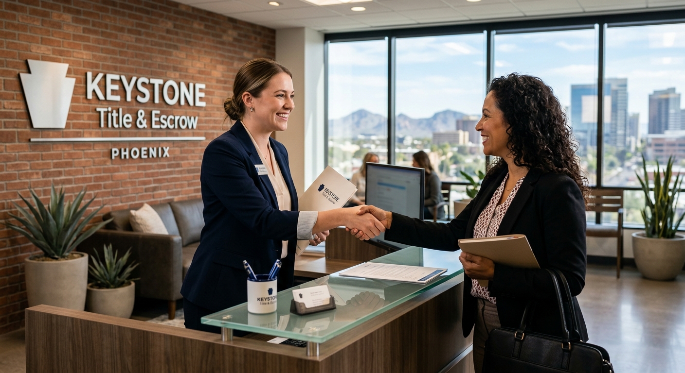 Keystone Title & Escrow front desk with the Phoenix skyline in the window