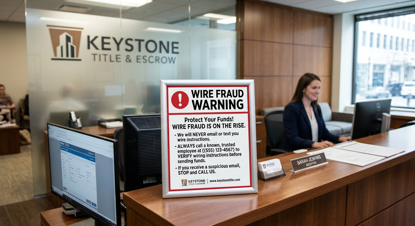 A wire fraud warning notice displayed at the Keystone front desk