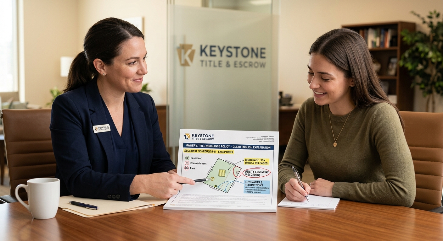 A Keystone officer walking a buyer through a plain-English title insurance explainer