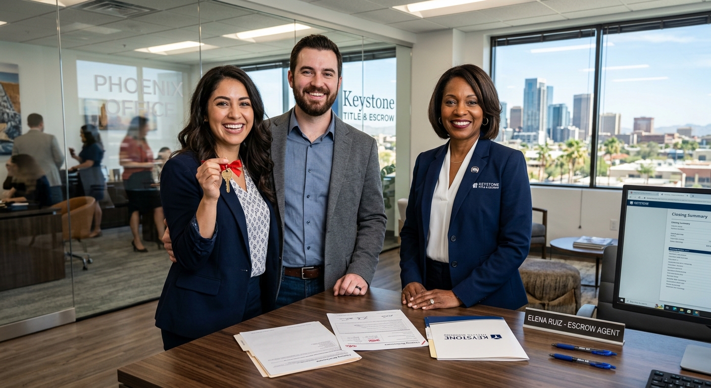 A happy couple receiving keys from a Keystone escrow agent in Phoenix