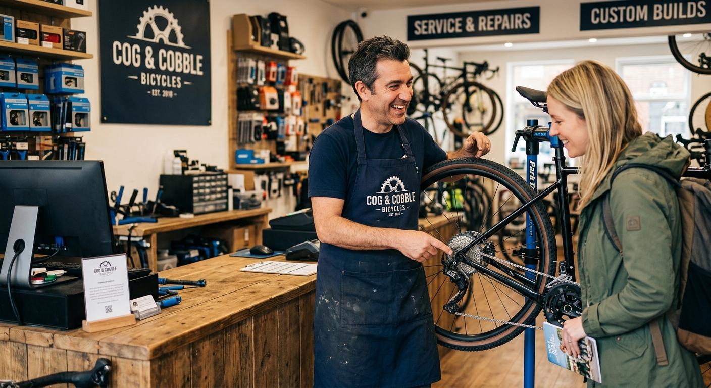 A Cog & Cobble mechanic helping a customer with a bike on the repair stand