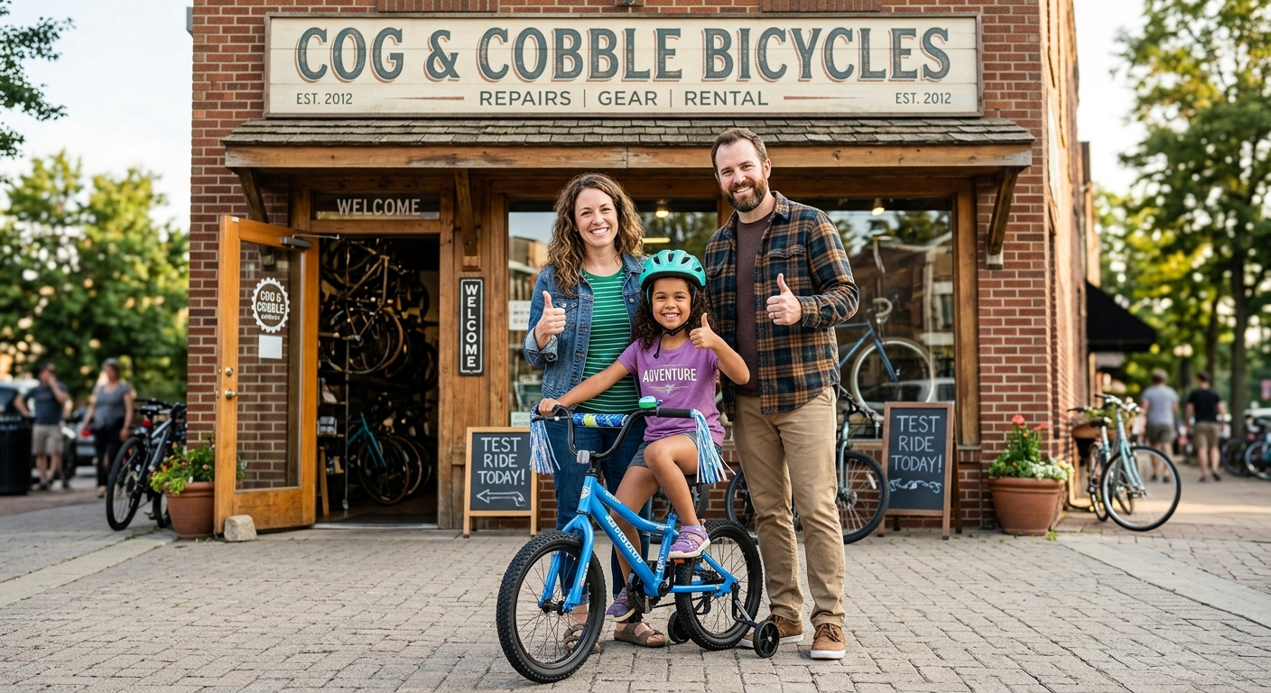 A family outside the Cog & Cobble storefront