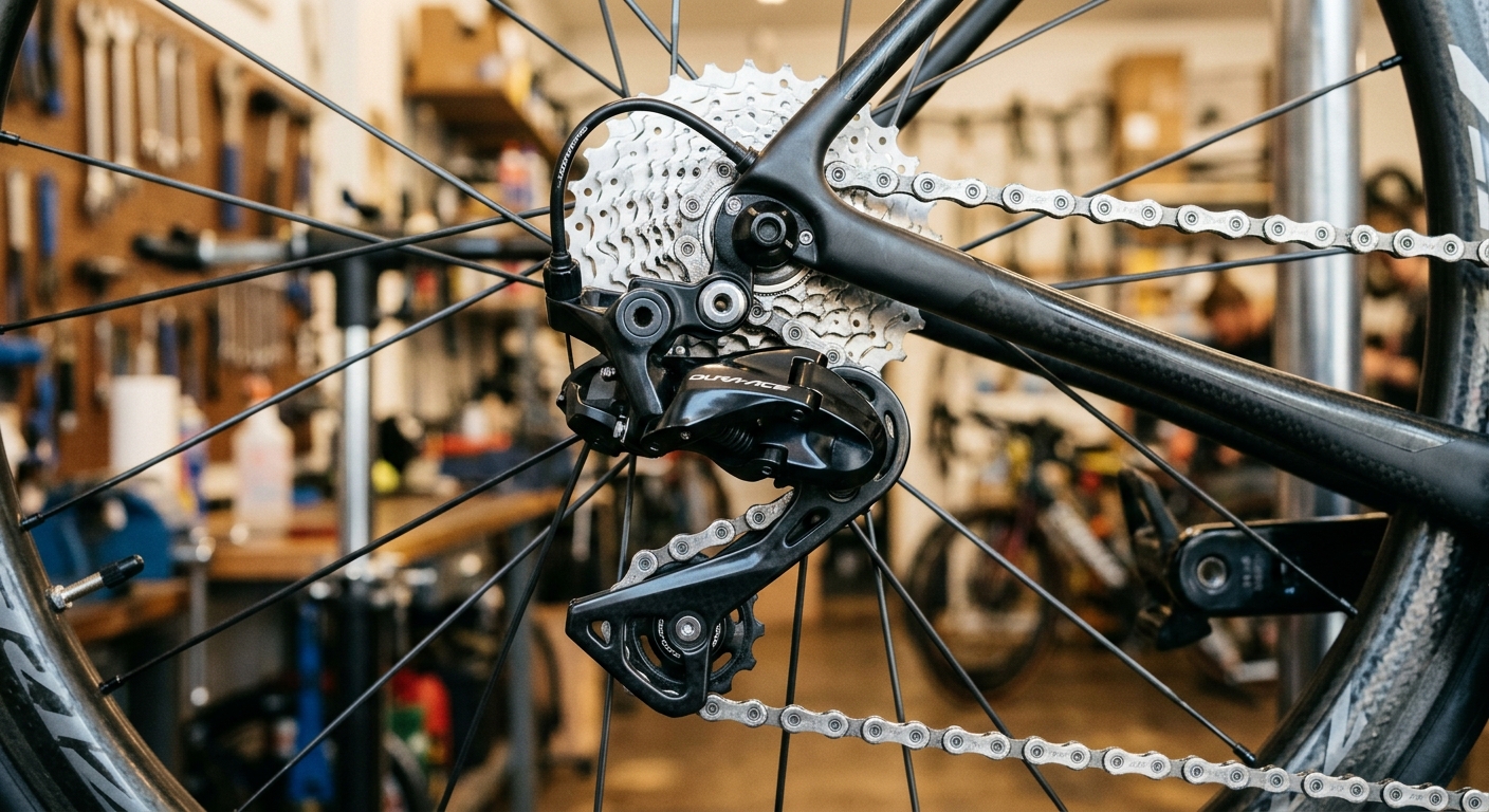 A drivetrain being serviced on a workshop repair stand