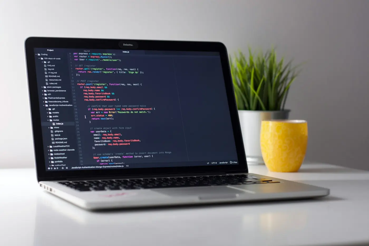A laptop with code beside a desk plant