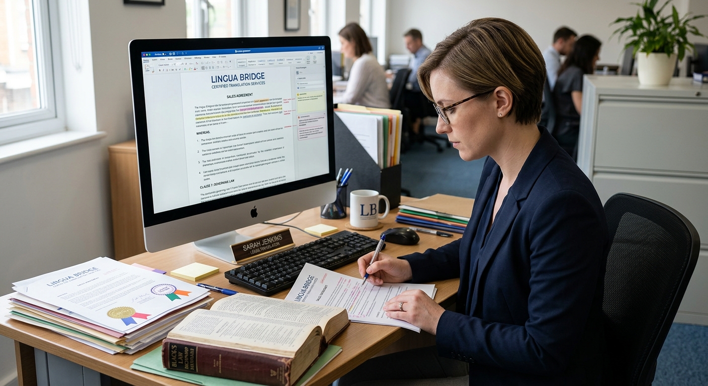 A translator preparing localized documents at a Lingua Bridge desk