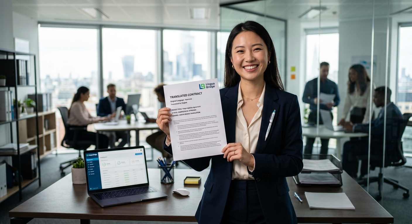 A Lingua Bridge translator holding a completed certified translation