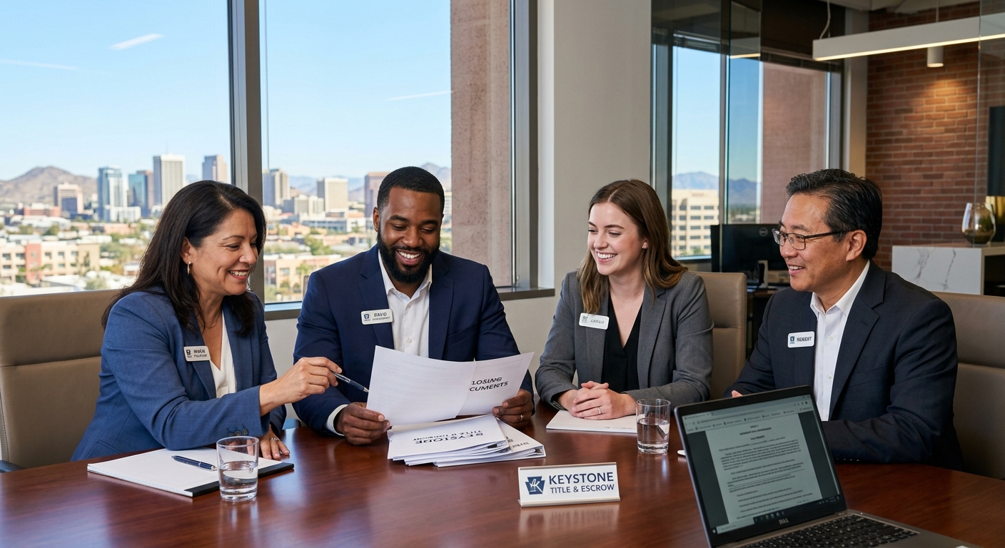 Keystone team reviewing real estate closing documents with the Phoenix skyline behind them