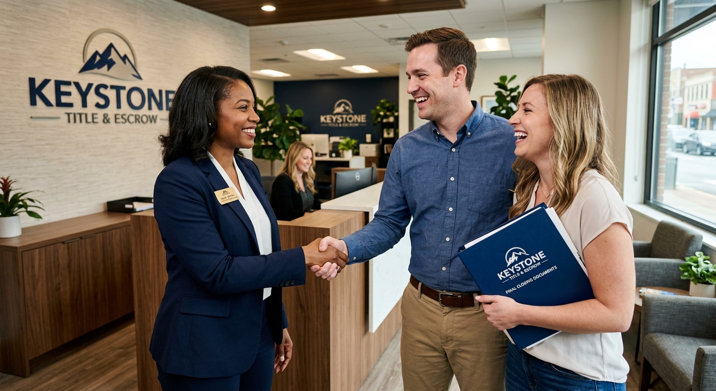 Keystone escrow officer welcoming a couple at the reception desk