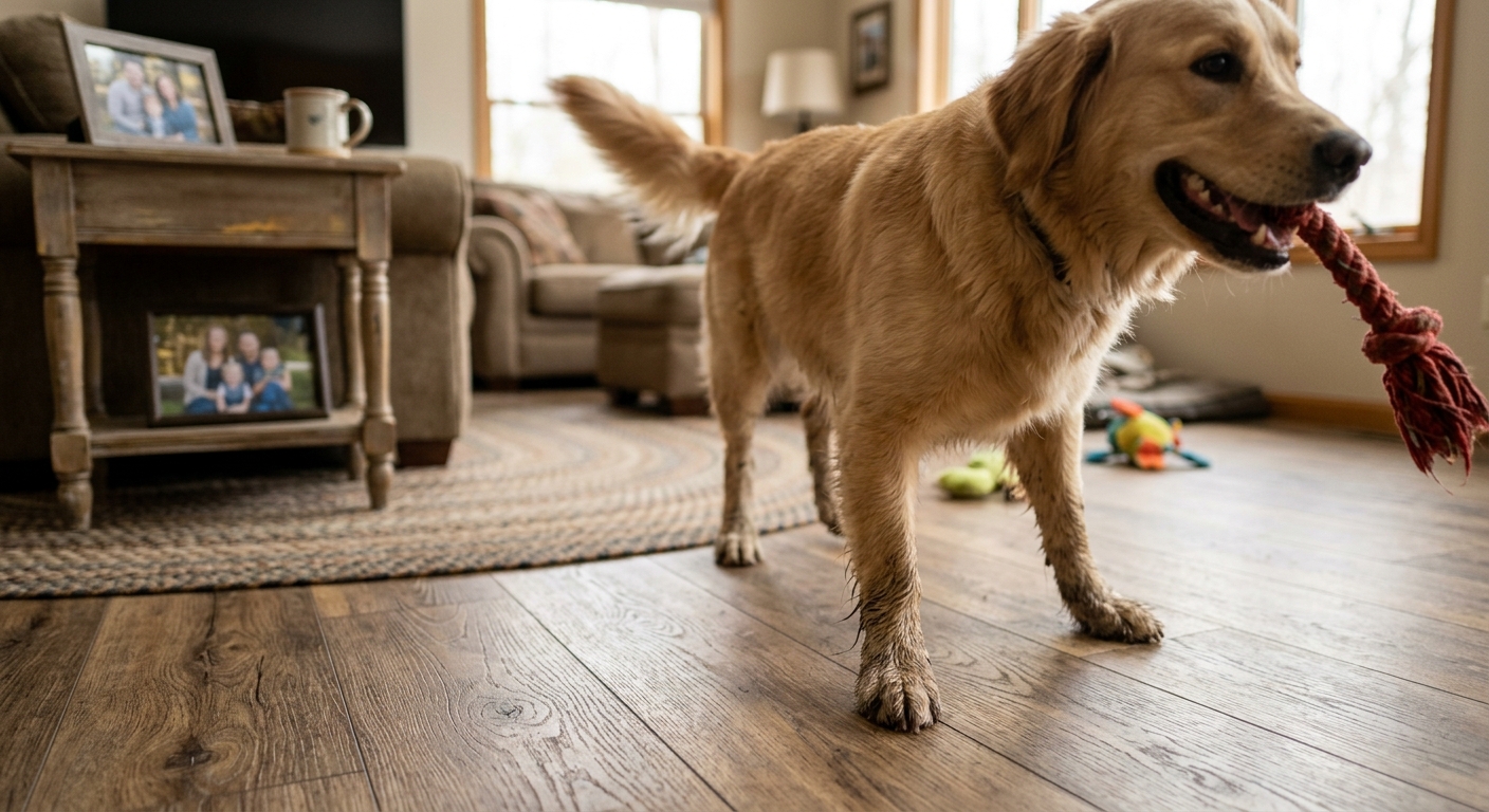 Wide-plank waterproof luxury vinyl running through a bright farmhouse living room with a dog