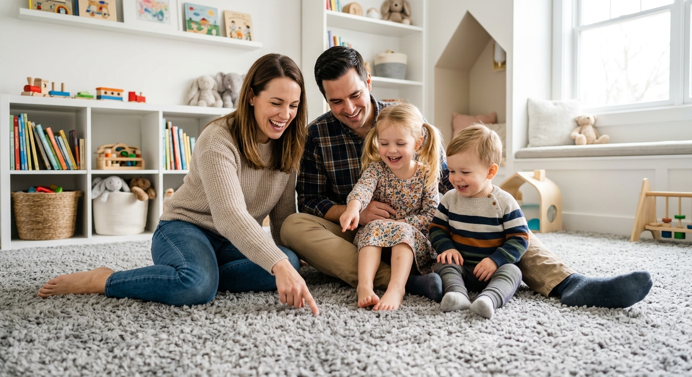 A family sitting together on plush, stain-resistant carpet in a bright playroom