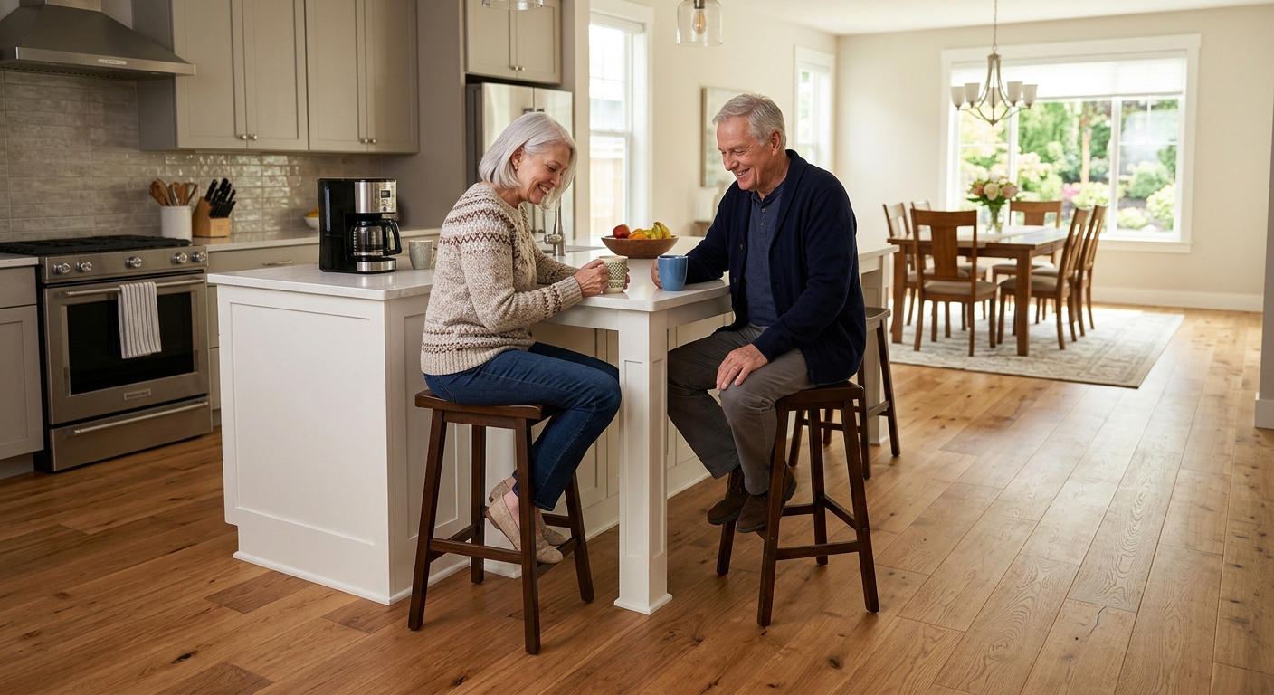 A Knoxville kitchen with wide-plank hardwood installed by Plankwright