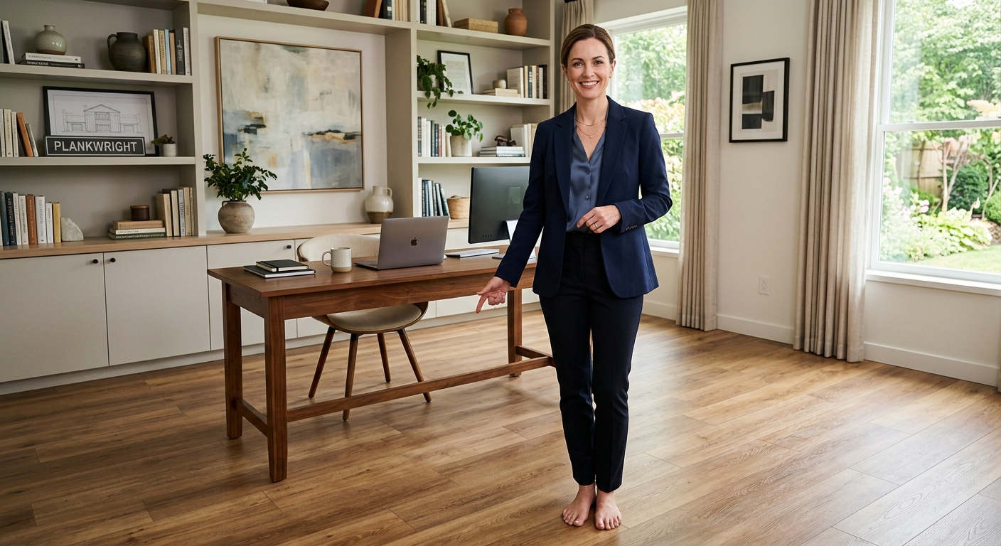 A Plankwright team member in a home office with hardwood flooring