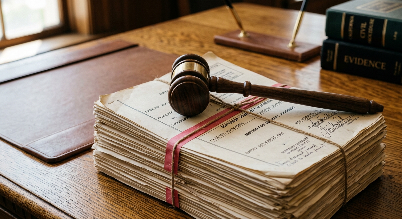 Gavel resting on a stack of court filings