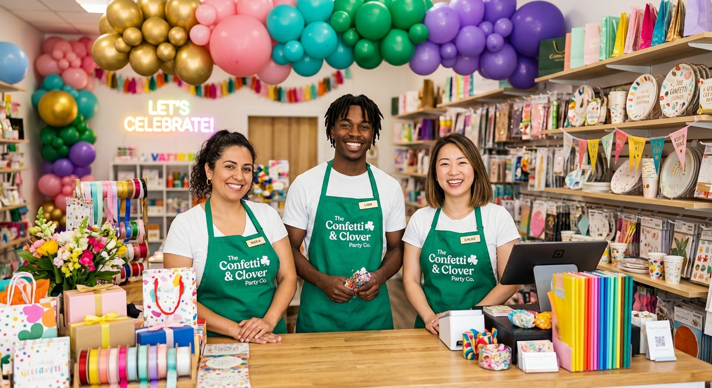 Founder of Confetti & Clover arranging a colorful balloon display.