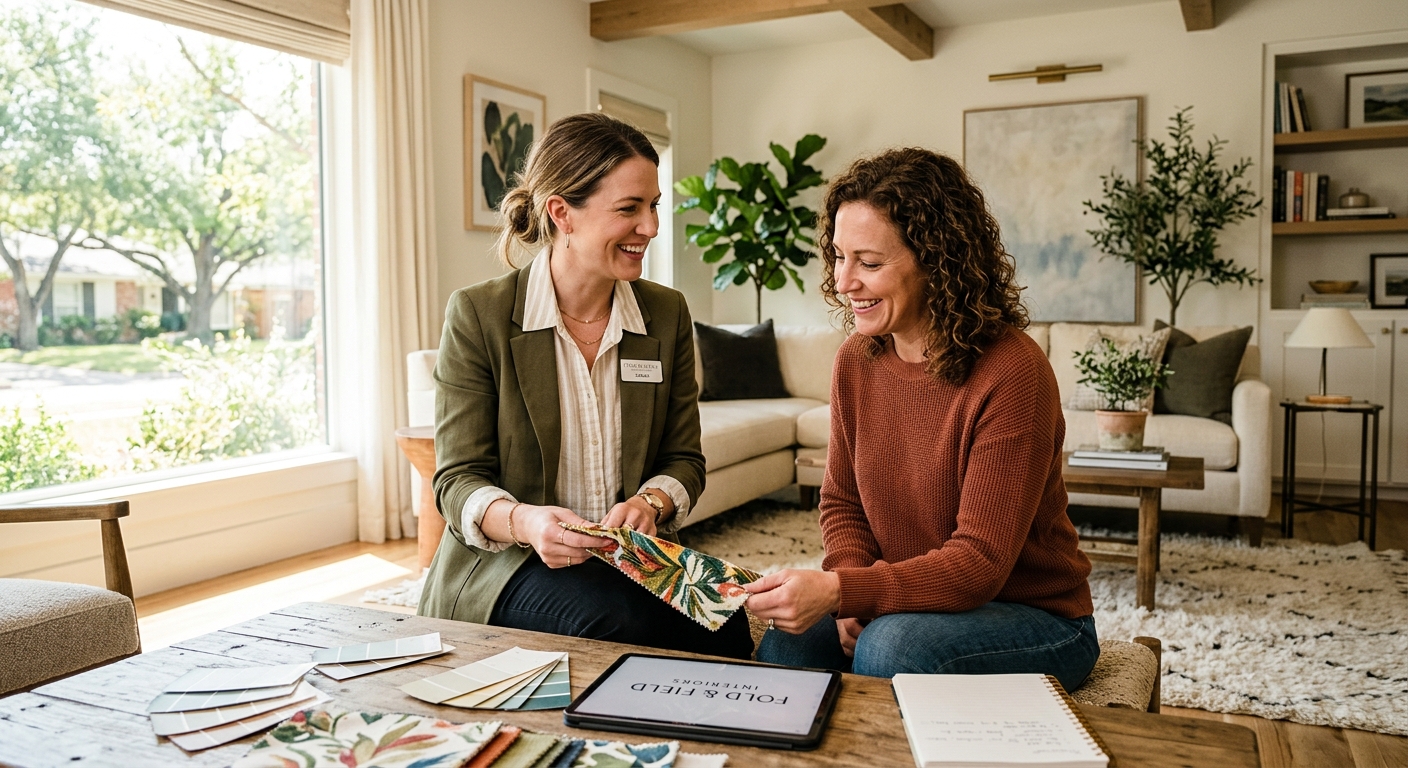 Designer reviewing fabric swatches with a client