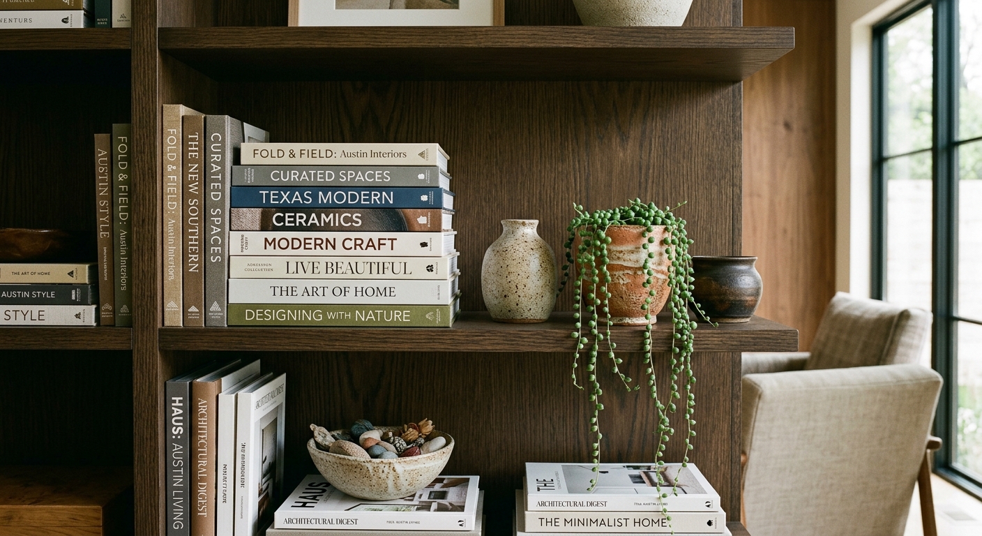 Styled walnut bookshelf with design monographs, ceramics and a trailing plant
