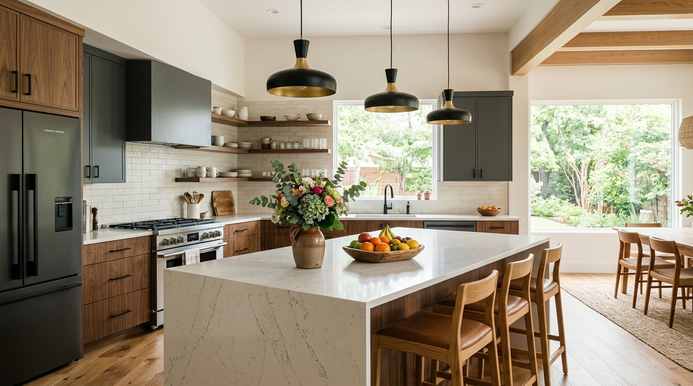 Finished kitchen with marble island, walnut cabinetry and brass pendant lights