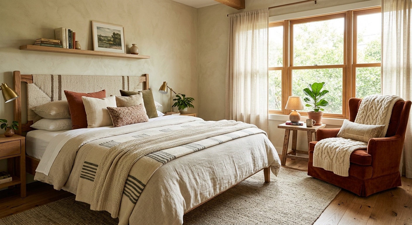 Serene bedroom with plaster walls, linen bedding and a terracotta chair