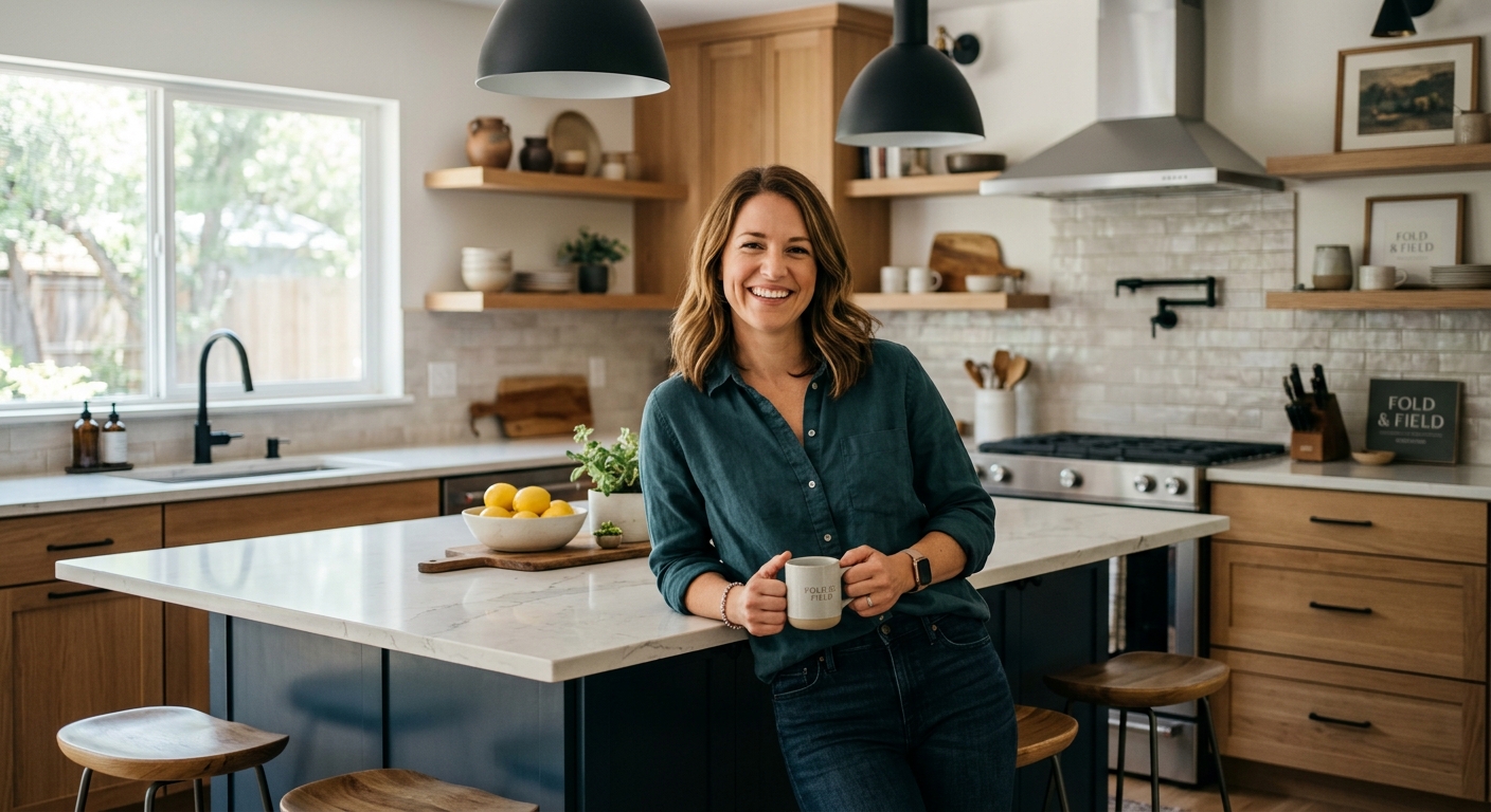 Founder of Fold & Field in a bright kitchen holding a studio-branded mug