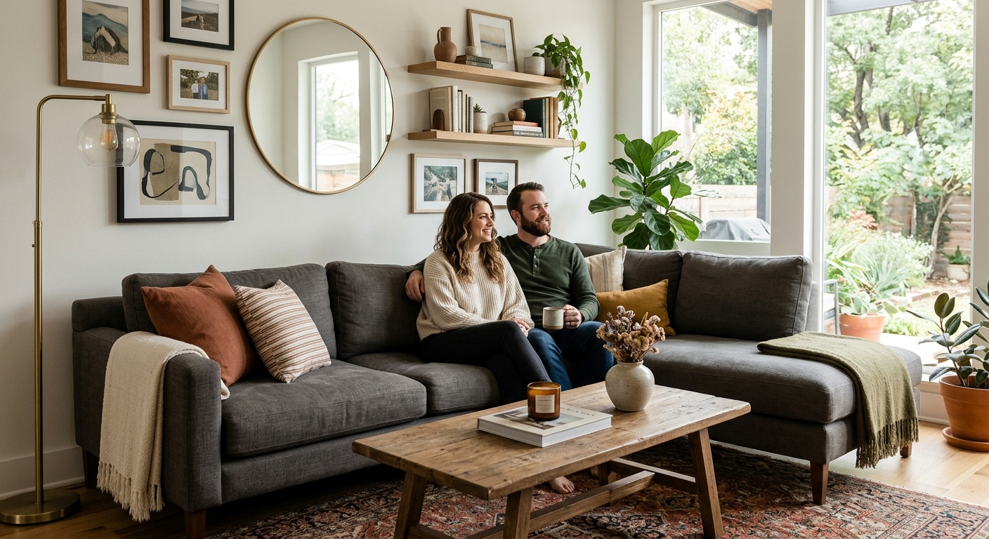 Couple relaxing on a sofa in a bright, art-filled living room