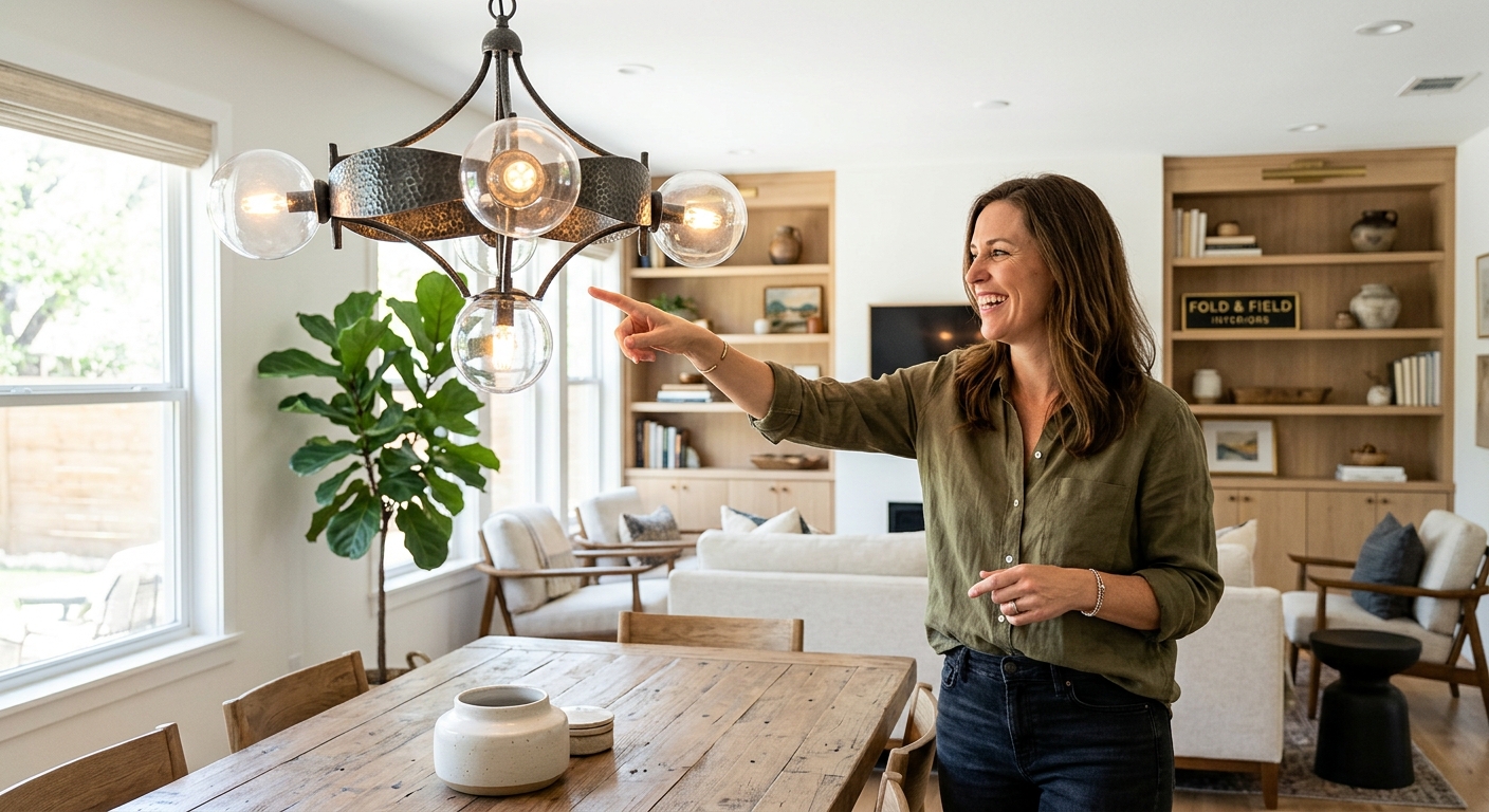 Designer gesturing across a finished, styled living room