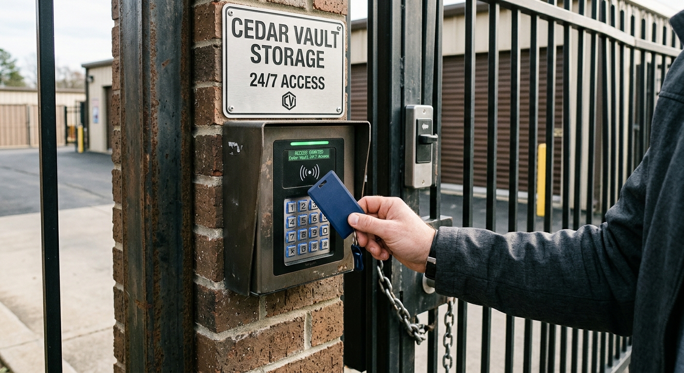 A customer using a personal access code at the Cedar Vault Storage 24/7 gated keypad