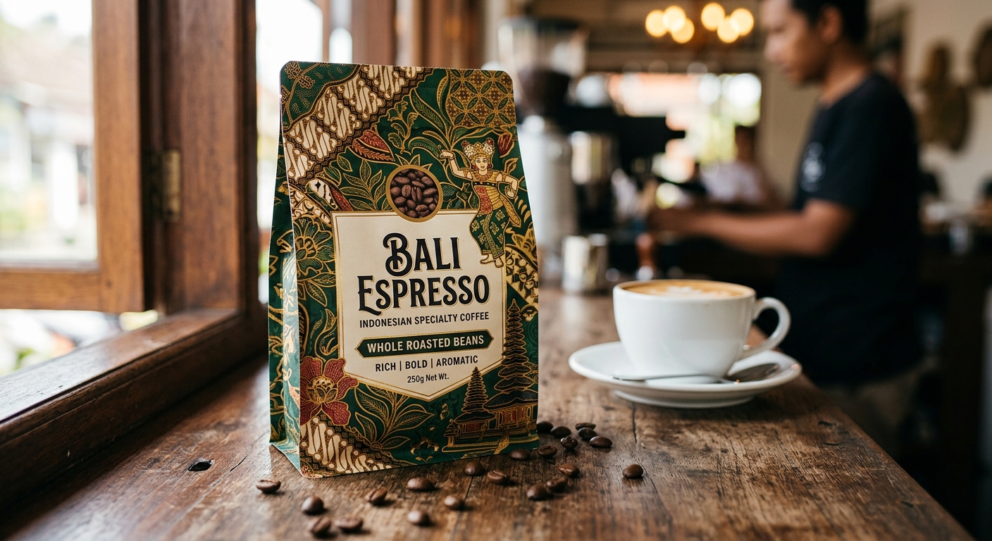 A green Balinese-batik Bali Espresso retail bag on a windowsill