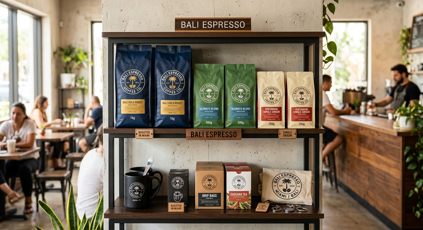 The full Bali Espresso retail range on the roastery shelf