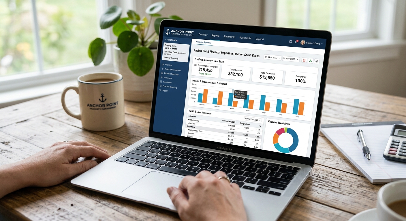 Owner financial reporting dashboard showing income, expenses, and occupancy