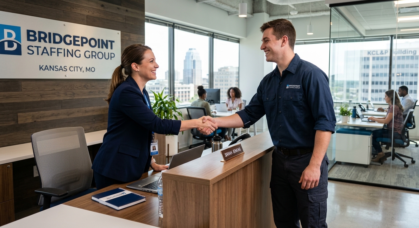 Bridgepoint staffing specialist welcoming a client at the Kansas City office