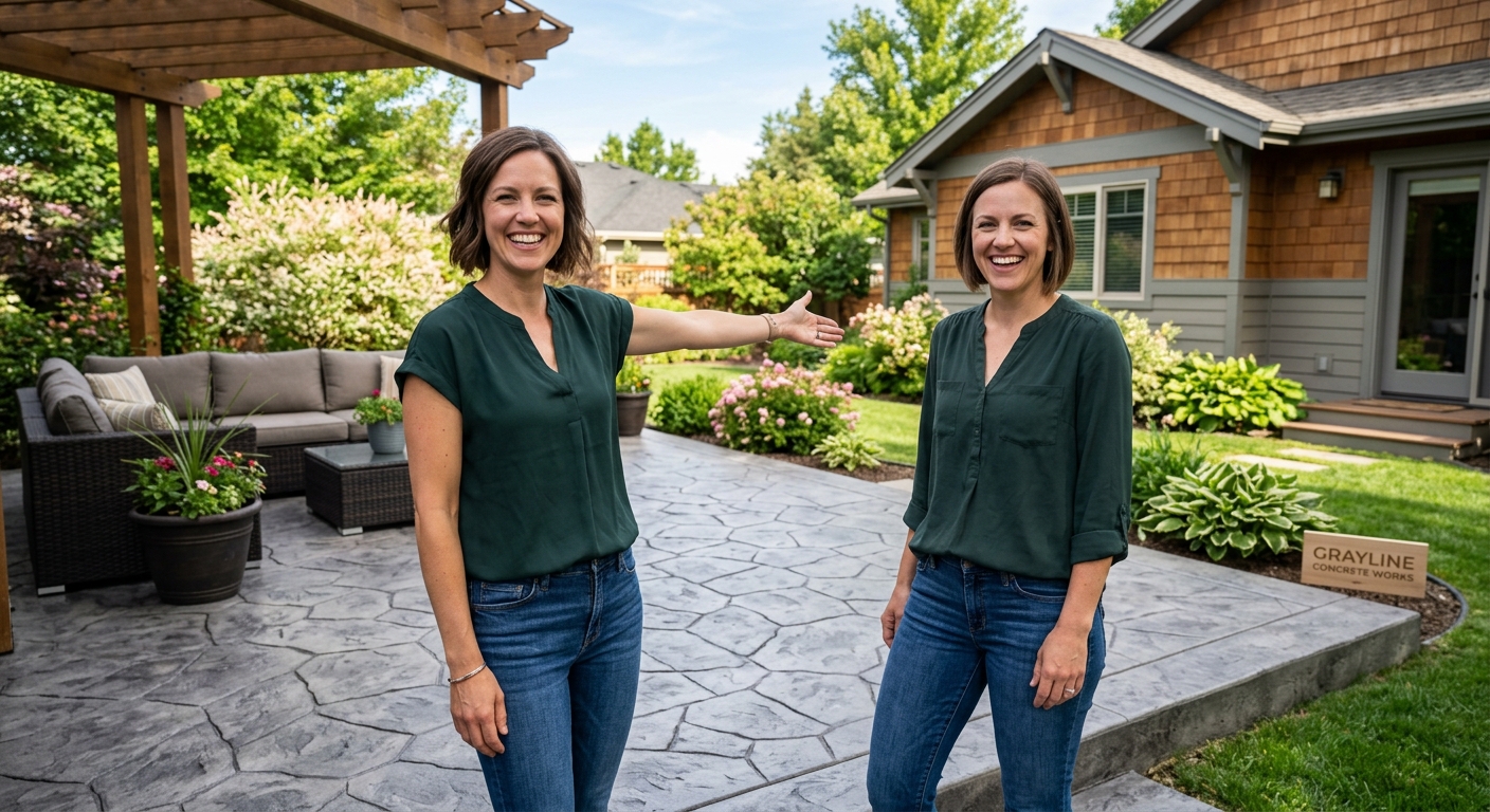 Homeowners on a finished stamped patio