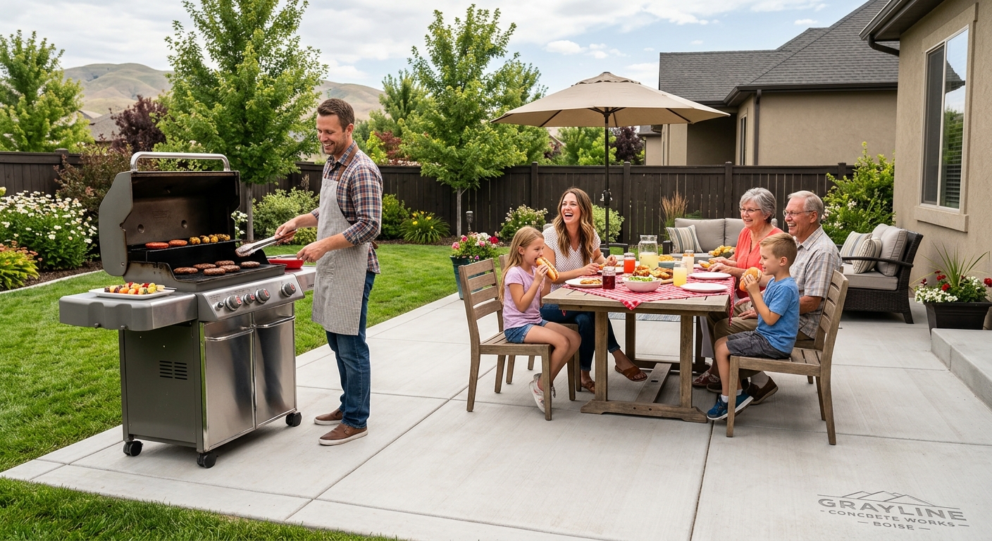 A family enjoying a finished Grayline patio