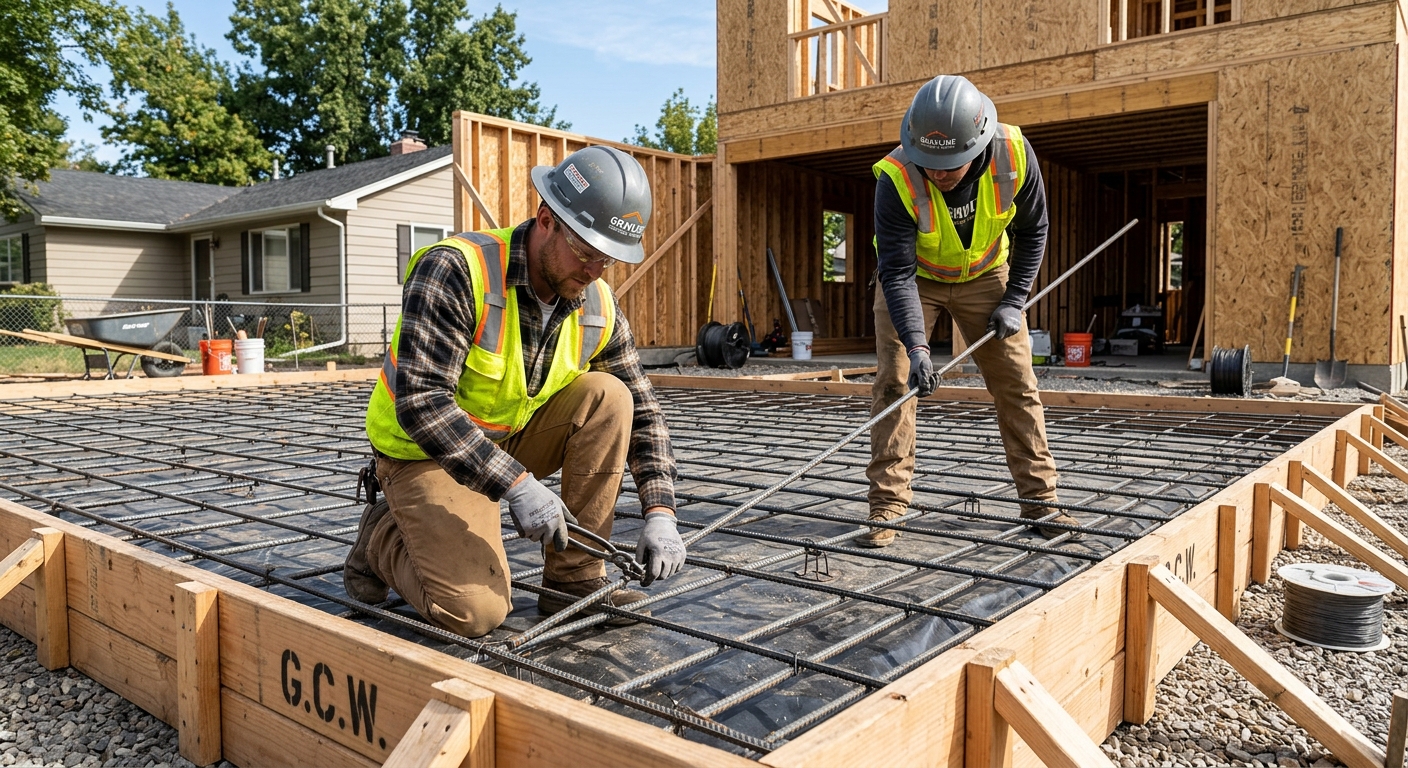 Crew placing a rebar reinforcement grid