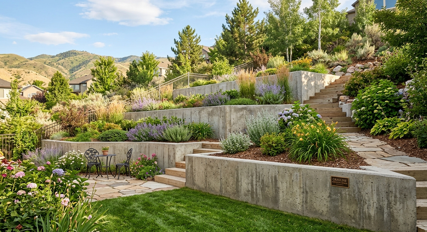 Tiered concrete retaining walls with landscaping
