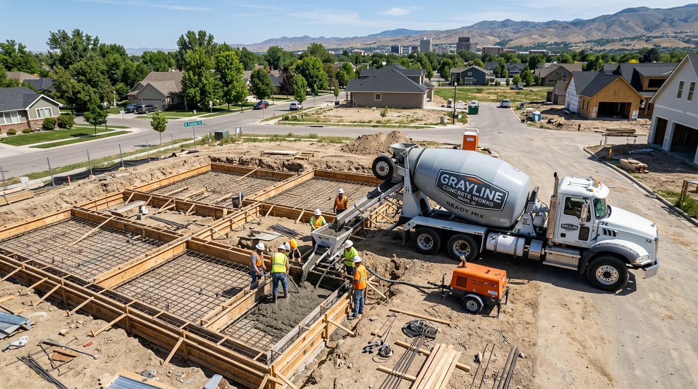 Grayline mixer truck pouring a commercial foundation