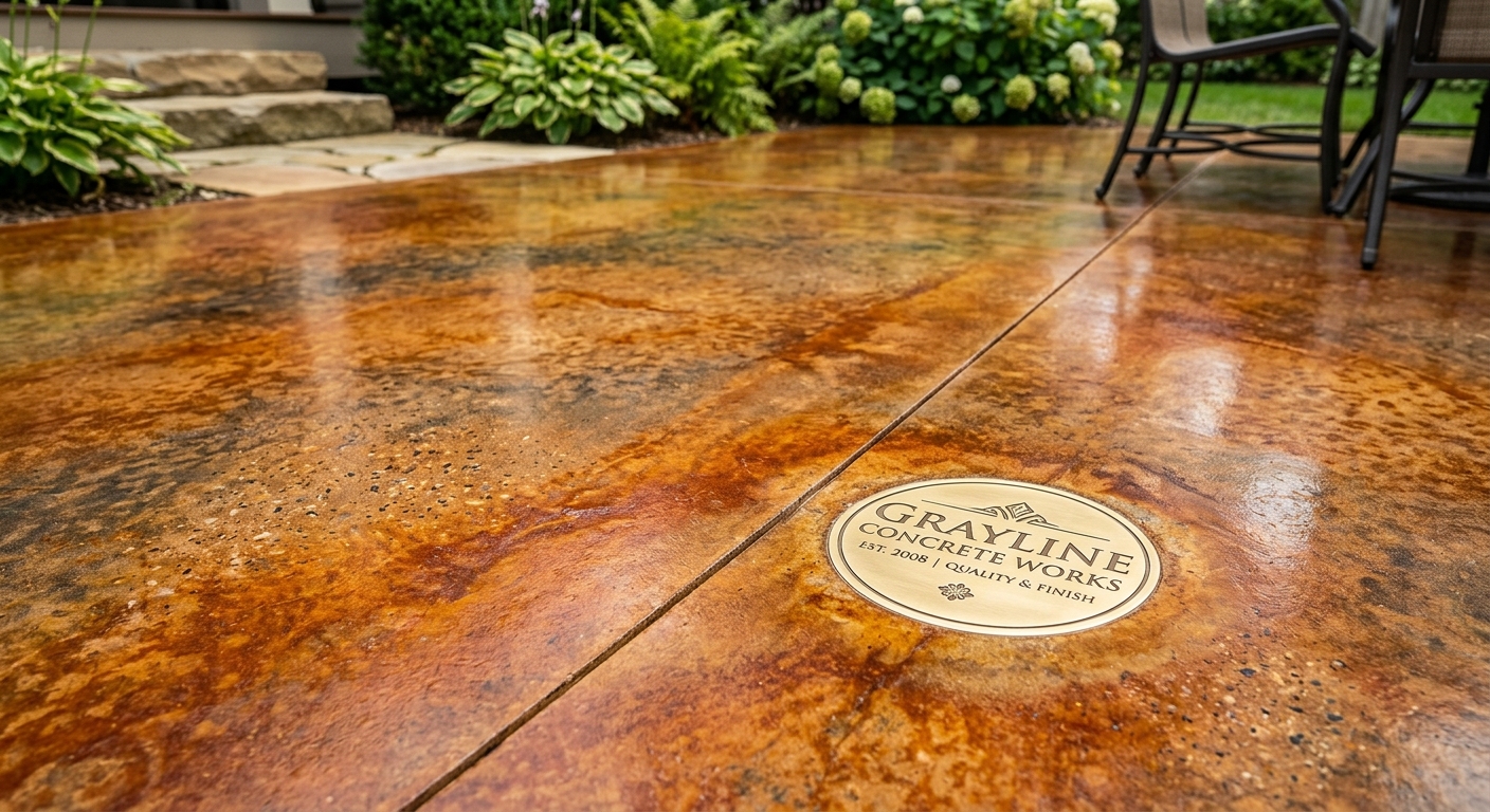 Acid-stained decorative concrete with medallion