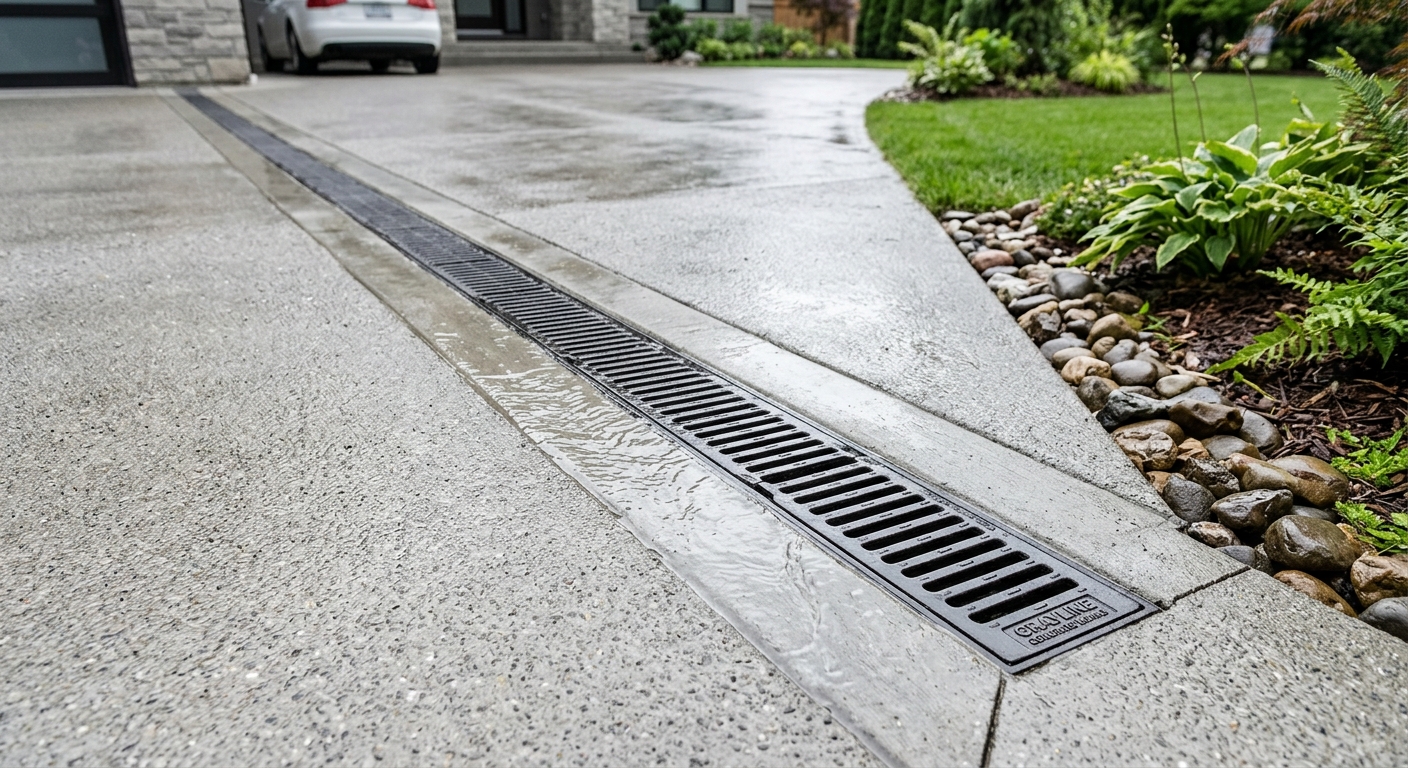 Channel drainage set into a concrete slab
