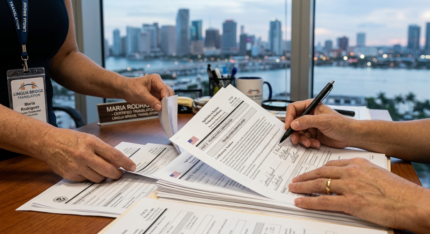 Certified translator reviewing legal documents above the Miami skyline